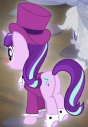 Size: 468x672 | Tagged: safe, screencap, applejack, snowfall frost, spirit of hearth's warming past, starlight glimmer, a hearth's warming tail, g4, butt, cropped, glimmer glutes, plot