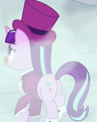 Size: 573x718 | Tagged: safe, screencap, snowfall frost, starlight glimmer, pony, unicorn, a hearth's warming tail, g4, butt, cropped, female, glimmer glutes, mare, plot, raised hoof, solo