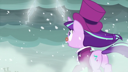 Size: 1280x720 | Tagged: safe, screencap, snowfall frost, starlight glimmer, pony, unicorn, a hearth's warming tail, g4, butt, female, looking up, mare, plot, snow, snowfall, solo