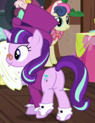 Size: 324x420 | Tagged: safe, screencap, bon bon, snowfall frost, starlight glimmer, sweetie drops, a hearth's warming tail, g4, butt, cropped, glimmer glutes, hat, plot, top hat
