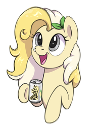 Size: 950x1250 | Tagged: safe, artist:thebowtieone, oc, oc only, oc:radler, drink pony, earth pony, food pony, original species, pony, bust, can, female, food, hoof hold, looking up, mare, ponified, portrait, radler, simple background, smiling, soda, soda can, solo, white background
