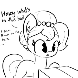 Size: 1650x1650 | Tagged: safe, artist:tjpones, oc, oc only, oc:brownie bun, oc:richard, earth pony, pony, horse wife, box, cropped, dialogue, ear fluff, female, grayscale, mare, monochrome, offscreen character, raised hoof, simple background, single panel, solo, tumblr, white background