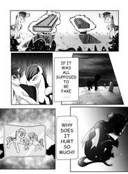 Size: 770x1038 | Tagged: safe, artist:candyclumsy, oc, oc only, changeling, pony, unicorn, comic:becoming the façade, casket, comic, crying, disguise, disguised changeling, gravestone, magic, monochrome, photo, royal guard, tragedy