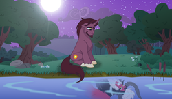 Size: 1024x592 | Tagged: safe, artist:melspyrose, lord tirek, oc, oc:proteus, centaur, pony, unicorn, g4, a better ending for tirek, beard, dark side, facial hair, male, midnight, moon, moonlight, night, ponified, reflection, river, sad, species swap, sympathy, sympathy for the devil, tree, water, what if