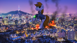 Size: 1024x576 | Tagged: safe, artist:mrlolcats17, edit, oc, oc:littlepip, pony, unicorn, fallout equestria, bipedal, building, city, cityscape, clothes, crushing, dawn, destruction, fanfic, fanfic art, female, giant littlepip, giant ponies in real life, giant pony, horn, implied death, invasion, irl, jumpsuit, macro, mare, photo, pipbuck, solo, vault suit