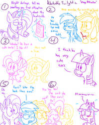 Size: 1280x1611 | Tagged: safe, artist:adorkabletwilightandfriends, applejack, fluttershy, pinkie pie, rainbow dash, rarity, twilight sparkle, alicorn, earth pony, pegasus, pony, unicorn, comic:adorkable twilight and friends, g4, adorkable twilight, blushing, chest fluff, comic, dialogue, drink, ear fetish, embarrassed, eyes closed, female, floppy ears, fluttertree, glowing, glowing horn, horn, implied straight, levitation, lidded eyes, lineart, magazine, magic, magic aura, male, mane six, mare, open mouth, shrunken pupils, slice of life, smiling, stallion, sweat, telekinesis, twilight sparkle (alicorn)