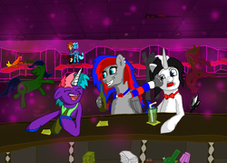 Size: 3255x2337 | Tagged: safe, artist:torpy-ponius, oc, oc only, pony, unicorn, bar, bipedal, club, dancing, drinking, fun, high res, kissing, original character do not steal