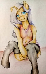 Size: 2050x3252 | Tagged: safe, artist:nolyanimeid, lily lace, unicorn, semi-anthro, g4, honest apple, anatomically incorrect, arm hooves, clothes, female, high res, incorrect leg anatomy, mare, shirt, simple background, smiling, socks, solo, thigh highs, traditional art