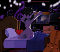 Size: 2000x1735 | Tagged: safe, artist:clefficia, octavia melody, earth pony, pony, g4, armpits, bed, bedroom, cello, female, floppy ears, kneeling, mare, musical instrument, open mouth, pillow, solo, waking up, window, yawn