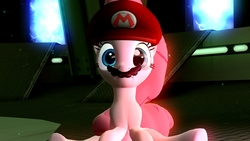 Size: 1600x900 | Tagged: safe, artist:erichgrooms3, pinkie pie, earth pony, pony, g4, 3d, cappy (mario), crossover, facial hair, female, frown, hat, looking at you, male, mare, mario, mario pie, moustache, possessed, sitting, solo, super mario odyssey, wide eyes