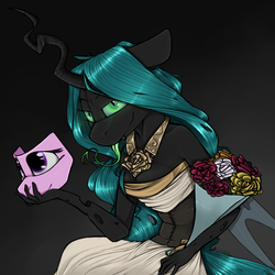 Size: 932x932 | Tagged: safe, artist:sinrar, queen chrysalis, changeling, changeling queen, anthro, g4, bouquet, clothes, dress, female, flower, forked tongue, horn, insect wings, jewelry, mask, necklace, solo, wedding dress, wings