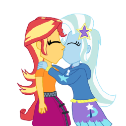 Size: 2000x2000 | Tagged: safe, artist:bigpurplemuppet99, sunset shimmer, trixie, equestria girls, g4, female, high res, kissing, lesbian, ship:suntrix, shipping, simple background, transparent background