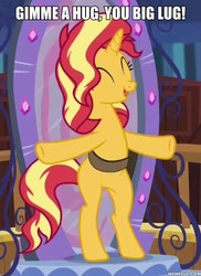 Size: 600x826 | Tagged: safe, edit, edited screencap, screencap, sunset shimmer, equestria girls, equestria girls specials, g4, my little pony equestria girls: better together, my little pony equestria girls: forgotten friendship, image macro, incoming hug, meme, memeful.com, standing