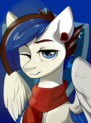 Size: 1476x2000 | Tagged: safe, artist:fensu-san, artist:php97, oc, oc only, pegasus, pony, blue eyes, blue mane, clothes, ear piercing, earring, jewelry, one eye closed, piercing, scarf, smiling, solo, style emulation, white coat