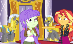 Size: 668x410 | Tagged: safe, edit, edited screencap, screencap, starlight, sunset shimmer, pony, unicorn, equestria girls, equestria girls specials, g4, my little pony equestria girls: better together, my little pony equestria girls: forgotten friendship, animated, armor, butt, clothes, door, female, finger, guard, jacket, living room, male, parody, plot, pointing, royal guard, skirt, stallion, tail, tail wrap, trembling, trembling finger, unicorn royal guard