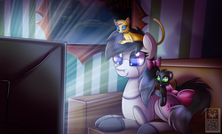 Size: 2800x1700 | Tagged: safe, artist:elmutanto, oc, oc only, oc:robobloom, cat, pony, robot, robot pony, bow, commission, couch, hair bow, indoors, kitten, movie, painting, prone, smiling, tail bow, television, watching