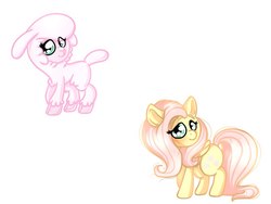 Size: 807x607 | Tagged: safe, artist:rimmi1357, fluttershy, pom (tfh), pegasus, pony, them's fightin' herds, g4, blushing, community related, female, looking at you, mare, pom pom, simple background, white background, wings