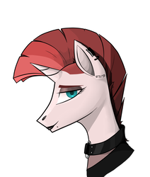 Size: 1111x1311 | Tagged: safe, artist:justgrunberg, oc, oc only, oc:fragile string (scarlet rebel), pony, unicorn, bedroom eyes, blue eyes, bust, clothes, collar, eyeshadow, female, lipstick, looking at you, makeup, mare, mohawk, piercing, portrait, profile, punk, redhead, solo