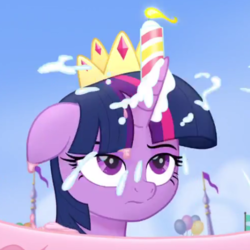 Size: 530x530 | Tagged: safe, screencap, twilight sparkle, alicorn, pony, g4, my little pony: the movie, cake, candle, cropped, crown, female, food, frosting, jewelry, mare, out of context, regalia, solo, twilight sparkle (alicorn), twilight sparkle is not amused, unamused