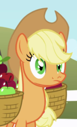 Size: 400x660 | Tagged: safe, screencap, applejack, earth pony, pony, g4, the ticket master, animation error, apple, basket, cropped, female, food, mare, solo