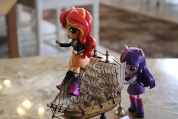 Size: 6000x4000 | Tagged: safe, artist:artofmagicpoland, sunset shimmer, twilight sparkle, alicorn, equestria girls, g4, boat, doll, female, lesbian, meme, pushing, ship:sunsetsparkle, shipping, sitting, toy, twilight sparkle (alicorn)