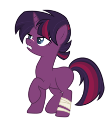 Size: 2285x2565 | Tagged: dead source, safe, artist:marielle5breda, oc, oc only, pony, unicorn, bandage, female, high res, magical lesbian spawn, mare, narrowed eyes, offspring, parent:tempest shadow, parent:twilight sparkle, parents:tempestlight, raised hoof, scar, simple background, solo, transparent background