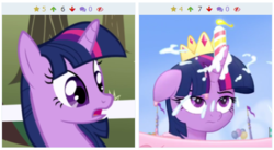 Size: 506x278 | Tagged: safe, screencap, twilight sparkle, alicorn, pony, derpibooru, g4, my little pony: the movie, the ticket master, cake, candle, cropped, crown, female, food, frosting, jewelry, juxtaposition, meta, regalia, solo, twilight sparkle (alicorn)