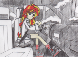 Size: 720x523 | Tagged: safe, artist:manicsam, sunset shimmer, equestria girls, g4, boots, car, car interior, cropped, driving, looking at you, partial color, pedal, seatbelt, shoes, watermark