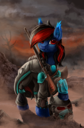 Size: 1024x1557 | Tagged: safe, artist:aschenstern, oc, oc only, bat pony, pony, fallout equestria, bat pony oc, clothes, commission, gun, rifle, scenery, soldier, wasteland, weapon, ych result