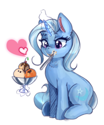 Size: 3900x4688 | Tagged: safe, artist:mrscurlystyles, trixie, pony, unicorn, g4, absurd resolution, cherry, chest fluff, chocolate, cute, diatrixes, ear fluff, eyelashes, female, food, glowing horn, heart, horn, ice cream, magic, mare, messy eating, mouth hold, simple background, sitting, smiling, solo, spoon, telekinesis, white background