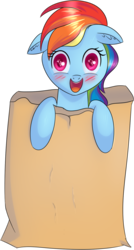 Size: 855x1600 | Tagged: safe, artist:brok-enwings, rainbow dash, pony, g4, bag, blushing, cute, dashabetes, female, floppy ears, looking at you, mare, multicolored hair, open mouth, paper bag, simple background, smiling, solo, transparent background