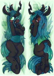 Size: 540x756 | Tagged: safe, artist:ruef, queen chrysalis, changeling, changeling queen, g4, blushing, body pillow, body pillow design, bugbutt, butt, butt fluff, chrysalass, embarrassed, female, fluffy changeling, plot, solo, tail between legs, tsundere