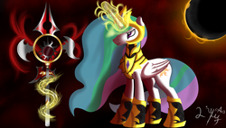 Size: 3920x2233 | Tagged: safe, princess celestia, g4, armor, battlefield, eclipse, fight, high res, magic, weapon