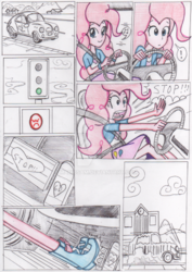 Size: 800x1128 | Tagged: safe, artist:manicsam, pinkie pie, equestria girls, g4, boots, brakes, car, car interior, comic, driving, humor, pedal, road, screaming, shoes, smiling, traffic light