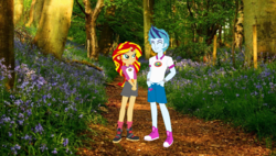 Size: 1500x850 | Tagged: safe, artist:mytri-atari, sonata dusk, sunset shimmer, equestria girls, g4, my little pony equestria girls: legend of everfree, camp everfree outfits, converse, equestria guys, female, forest, half r63 shipping, male, real life background, rule 63, scherzo lesto, shipping, shoes, sunlesto