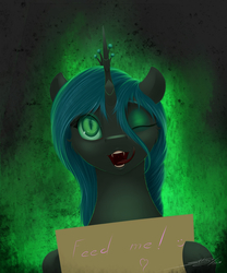 Size: 2500x3000 | Tagged: safe, artist:skitsroom, queen chrysalis, changeling, changeling queen, g4, fangs, female, heart, high res, horn, one eye closed, open mouth, sign, solo, tongue out, wink
