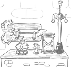 Size: 640x600 | Tagged: safe, artist:ficficponyfic, cyoa:the wizard of logic tower, barely pony related, bomb, chess piece, cyoa, gem, hourglass, knight, knight pony chess, monochrome, scissors, story included, sword, table, weapon