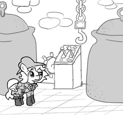 Size: 640x600 | Tagged: safe, artist:ficficponyfic, oc, oc only, oc:lockepicke, cyoa:the wizard of logic tower, belt, boots, buckle, cauldron, clothes, coat, confused, cyoa, hat, hook, lever, monochrome, puzzle, shoes, shovel, story included