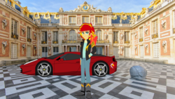 Size: 1500x850 | Tagged: safe, artist:mytri-atari, philomena, sunset shimmer, equestria girls, g4, my little pony equestria girls: friendship games, boots, car, clothes, equestria guys, ferrari, ferrari 458 italia, jacket, male, mansion, real life background, rule 63, shoes, sunset glare, supercar