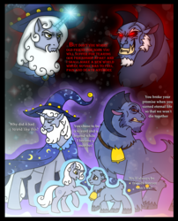 Size: 1024x1267 | Tagged: safe, artist:melspyrose, grogar (g1), star swirl the bearded, pony, sheep, unicorn, friendship through the ages, g1, g4, season 9, antagonist, becoming the villain, bells, cloven hooves, evil, evil grin, foreshadowing, friendship, good vs evil, grin, male, rainbow rocks star swirl, ram, sad, sadness, smiling, tambelon, turned away, turning against each other, villains of equestria, younger
