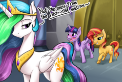 Size: 1800x1200 | Tagged: safe, artist:d-lowell, princess celestia, sunset shimmer, twilight sparkle, alicorn, pony, unicorn, equestria girls, equestria girls series, forgotten friendship, g4, bedroom eyes, blushing, crown, dialogue, door, drool, female, harry potter (series), innuendo, jaw drop, jewelry, library, looking back, mare, open mouth, peytral, raised hoof, regalia, she knows, smiling, smug, spread wings, tiara, twilight sparkle (alicorn), wingboner, wings