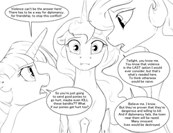 Size: 1980x1530 | Tagged: safe, artist:silfoe, princess celestia, princess luna, twilight sparkle, alicorn, pony, royal sketchbook, g4, :i, argument, black and white, dialogue, female, grayscale, horn, lesbian, looking at each other, mare, missing accessory, monochrome, royal sisters, ship:twiluna, shipping, simple background, speech bubble, twilight sparkle (alicorn), we bought two cakes, white background, wings