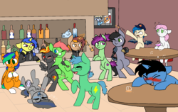 Size: 1900x1200 | Tagged: safe, artist:nootaz, oc, oc only, oc:flamboyant, oc:lex rudera, oc:sour grapes, bar, blushing, commission, drunk, fixed, hhh