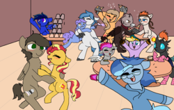 Size: 1900x1200 | Tagged: safe, artist:nootaz, sunset shimmer, oc, oc:brisk, oc:conicaw, oc:delta dart, oc:eucalyptus, oc:focal length, oc:straight flushed, changeling, earth pony, griffon, hippogriff, pegasus, pony, unicorn, g4, bar, blushing, canon x oc, drunk, drunker shimmer, female, fixed, hhh, male, straight