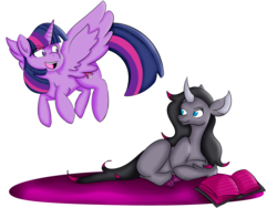 Size: 2000x1500 | Tagged: safe, artist:aaservantsheartuniverse, artist:heartbeat420, oleander (tfh), twilight sparkle, alicorn, classical unicorn, pony, unicorn, them's fightin' herds, g4, book, cloven hooves, community related, duo, female, horn, leonine tail, looking at each other, simple background, transparent background, twilight sparkle (alicorn), unshorn fetlocks