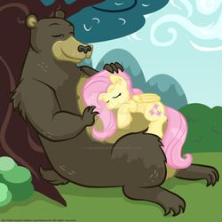 Size: 900x900 | Tagged: safe, artist:yoshimarsart, fluttershy, harry, bear, pony, g4, fat, female, larger male, mare, mountain, obese, physique difference, size difference, skinny, sleeping, smaller female, strong fat, thin, tree, under the tree, watermark