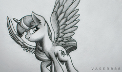 Size: 900x537 | Tagged: safe, artist:vaser888, twilight sparkle, alicorn, pony, g4, grin, lidded eyes, monochrome, smiling, spread wings, traditional art, twilight sparkle (alicorn), wings