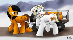 Size: 2520x1395 | Tagged: safe, artist:the-furry-railfan, oc, oc only, oc:parchment bleach, oc:twintails, earth pony, pegasus, pony, air tank, dirt road, glasses, helium tank, hose, male, mountain, mountain range, p 235, snow, stallion, story included, this will end in balloons, wagon, walking, wheel
