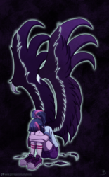 Size: 900x1456 | Tagged: safe, artist:inuhoshi-to-darkpen, sci-twi, twilight sparkle, equestria girls, g4, my little pony equestria girls: legend of everfree, black background, camp everfree outfits, clothes, converse, crying, darkness, female, midnight sparkle, ponytail, sad, shoes, simple background, sitting, solo, the midnight in me, wings