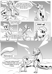 Size: 904x1280 | Tagged: safe, artist:ahobobo, princess ember, rainbow dash, dragon, pegasus, pony, comic:expanding relations, g4, bloodstone scepter, cloud, comic, dragoness, duffle bag, everfree forest, fanfic, fanfic art, female, grayscale, hoofbump, monochrome, this will end in weight gain